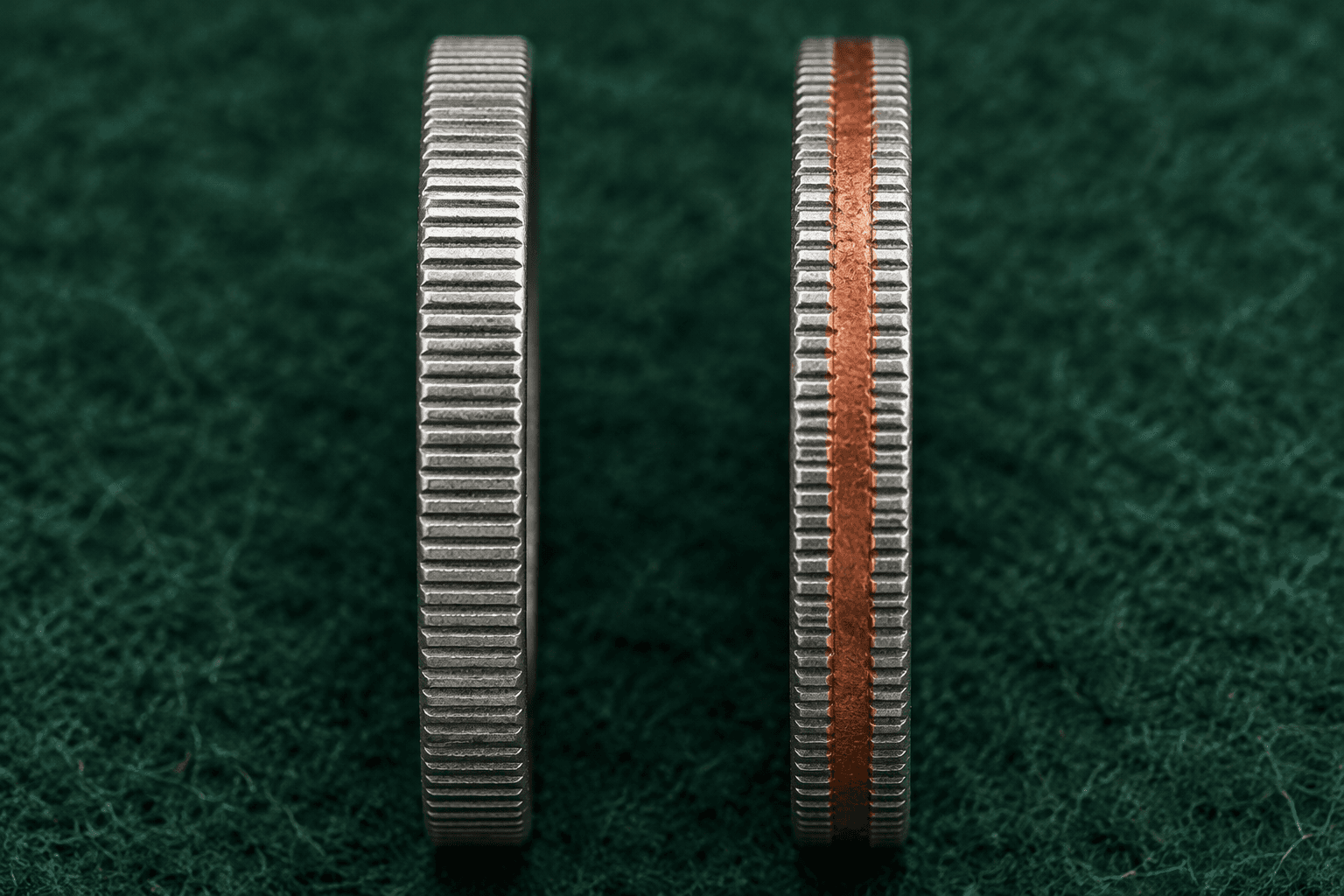Close-up of two quarter edges side by side: a solid silver rim on the left and the copper core stripe of a clad quarter on the right