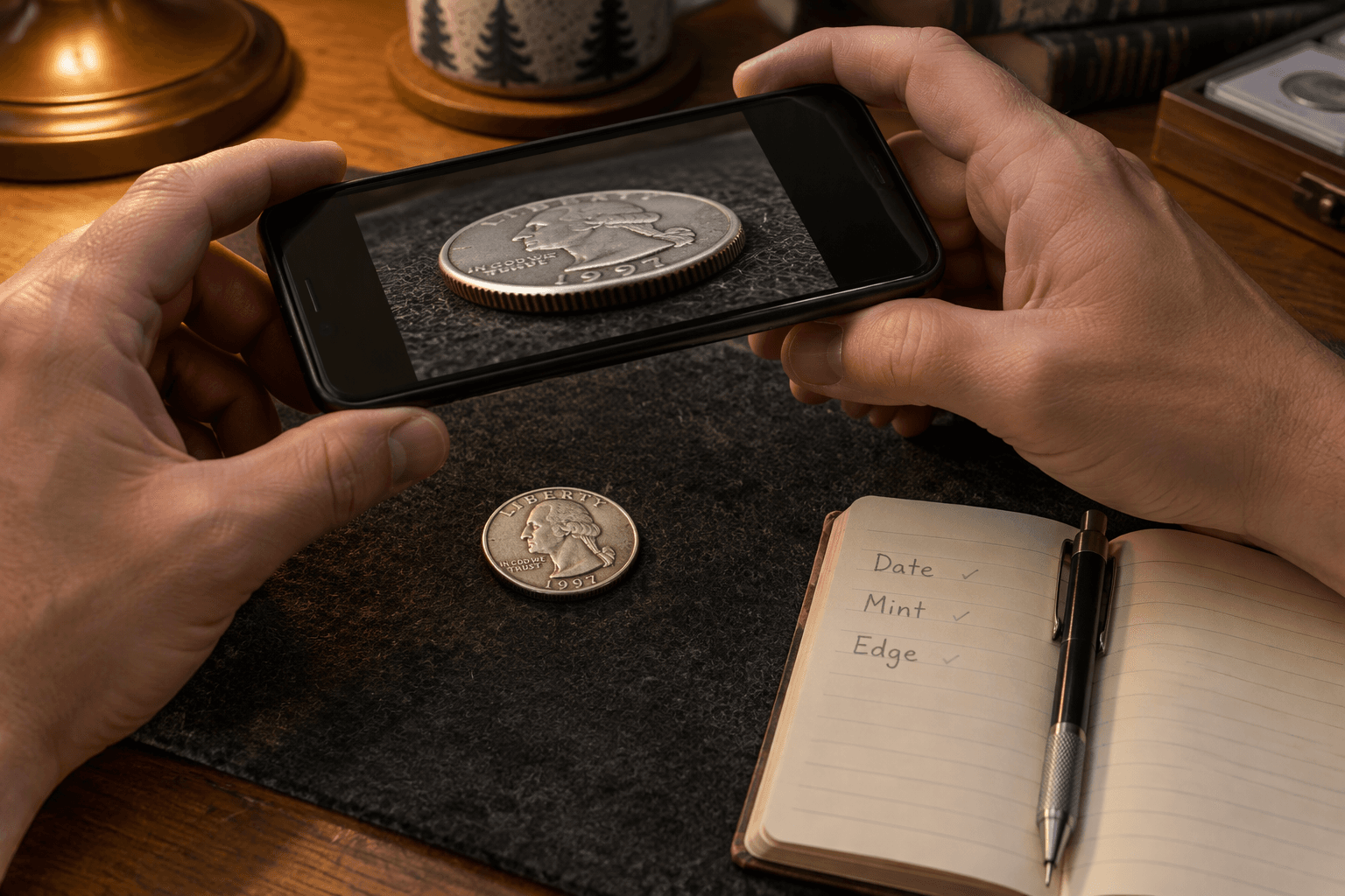A collector photographs the edge of a quarter with a phone while a notebook records the date, mint mark, and edge observation