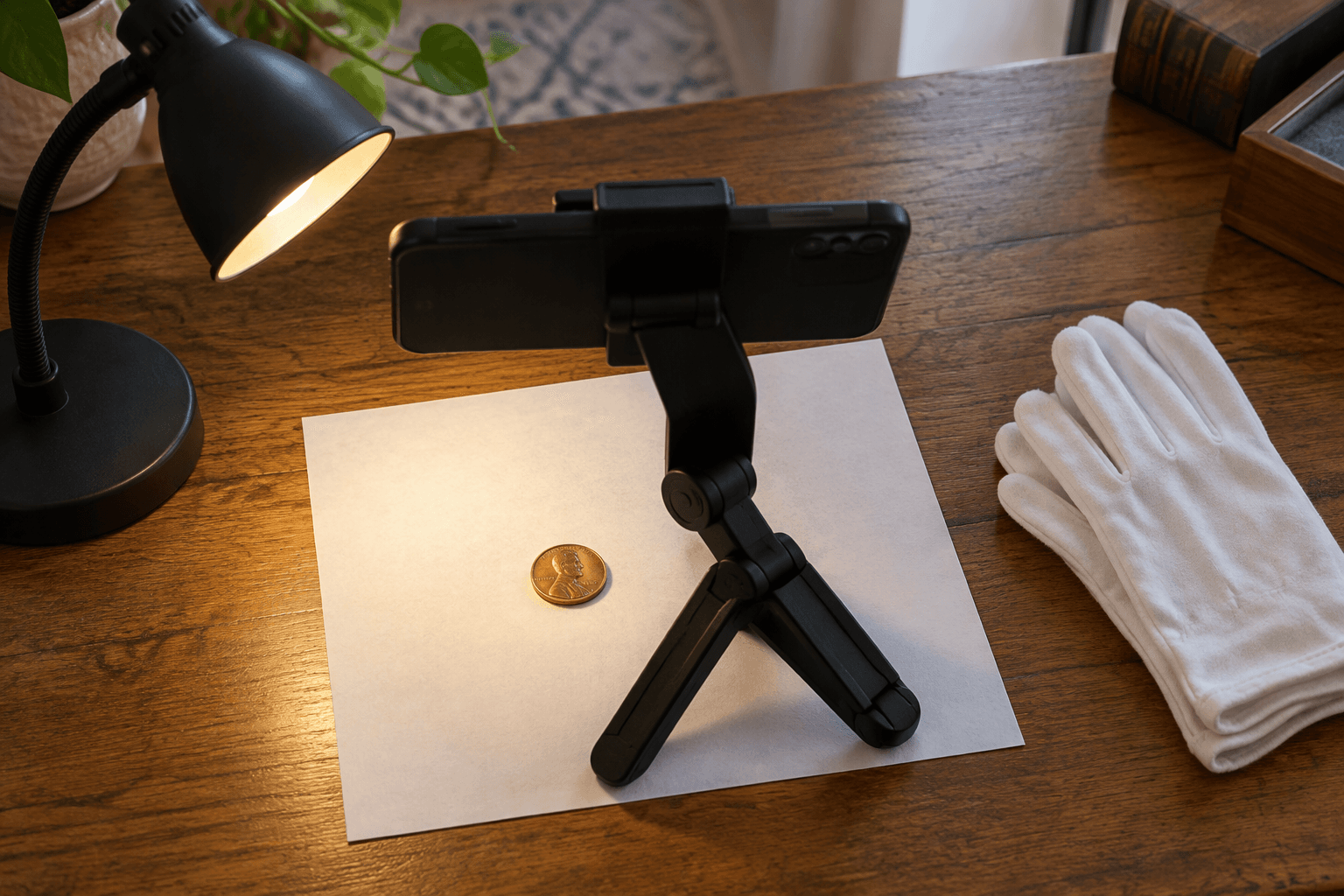 A smartphone on a stand photographing an unusual cent on white archival paper beside a desk lamp and cotton gloves