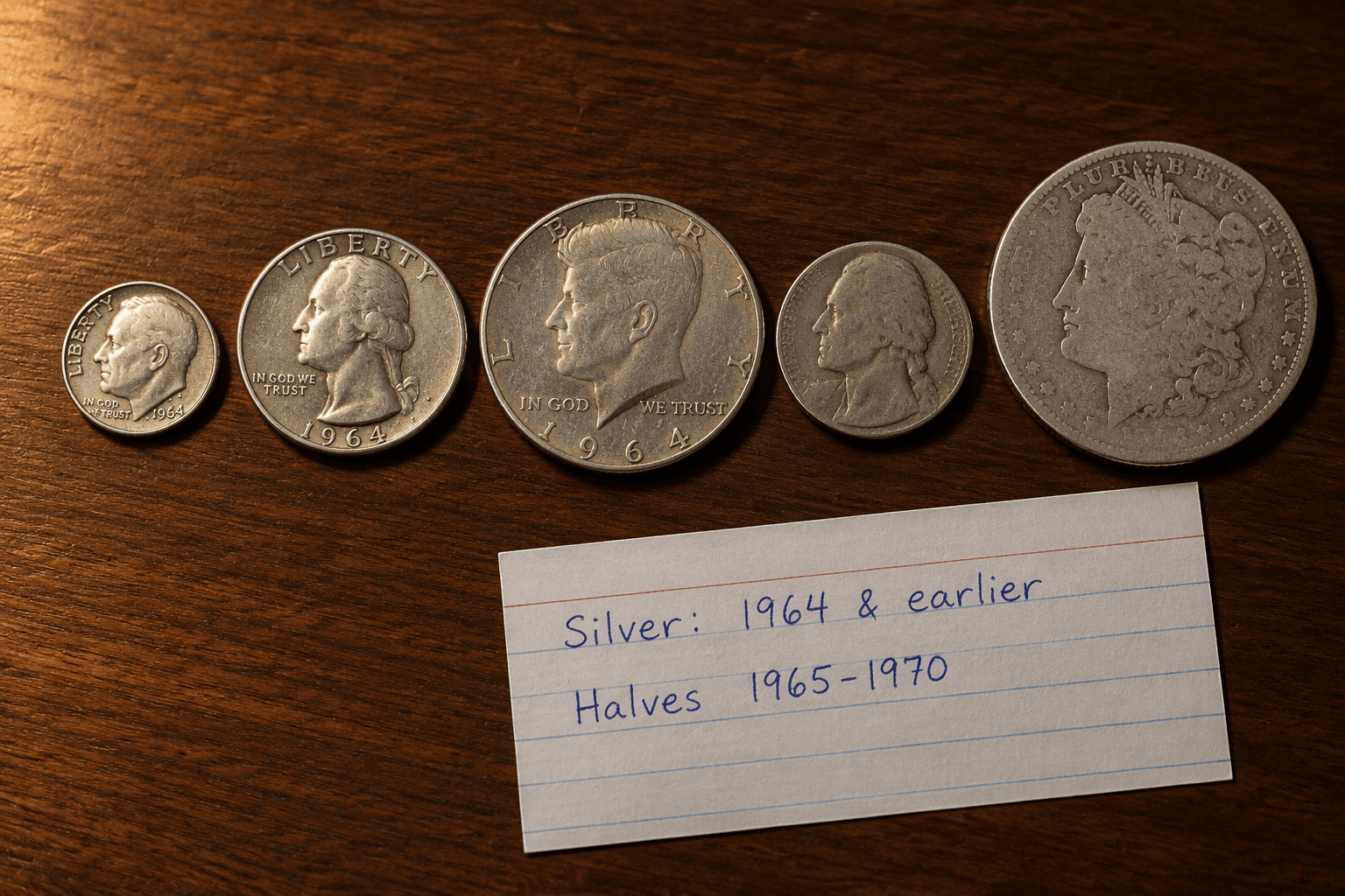 Five US coins of different sizes laid out beside a handwritten note listing the years when each denomination contained silver