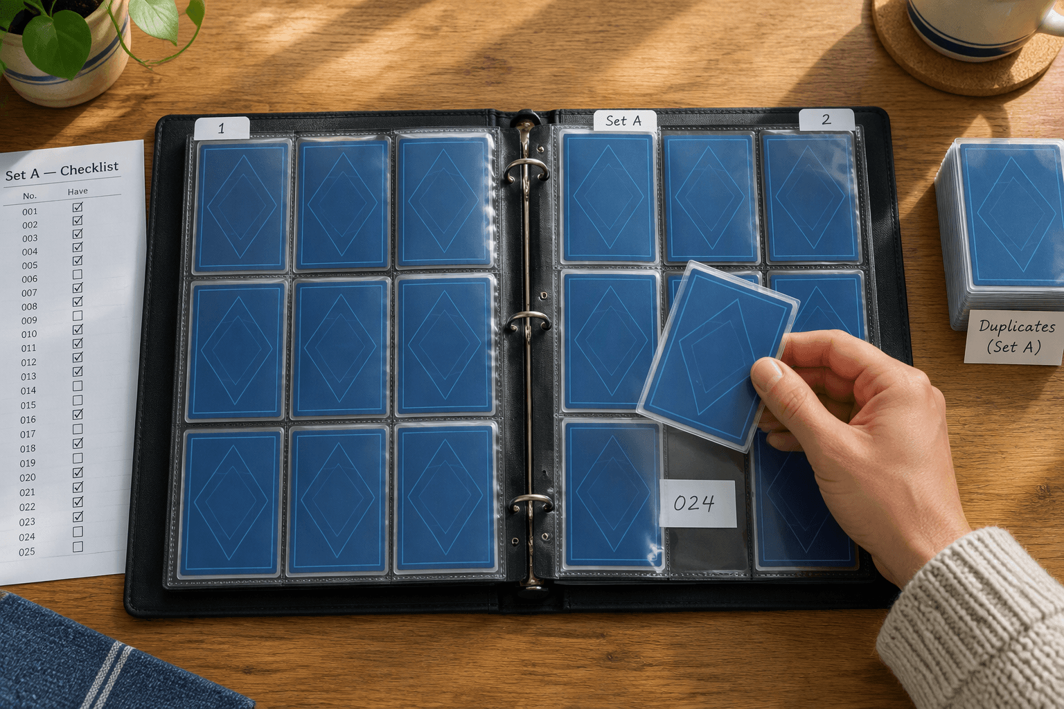 A numbered trading-card binder with a set checklist, one reserved empty pocket and a separate stack of duplicates.