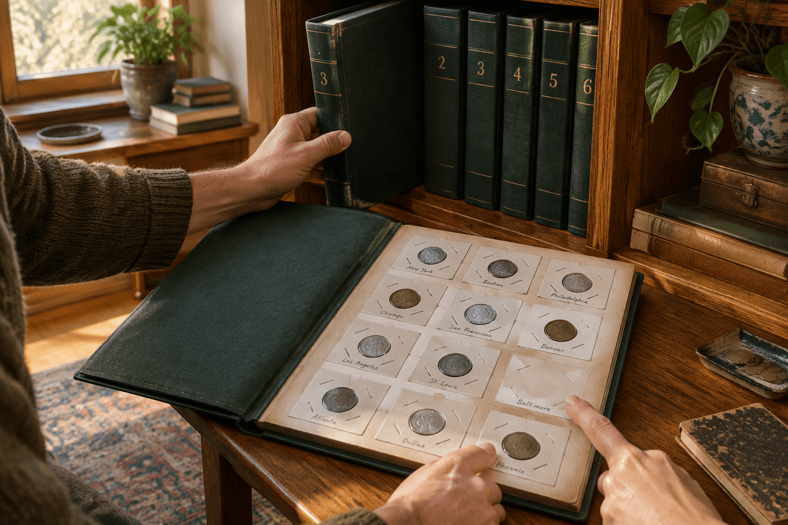 A collector locates a specific coin in a labeled album within an organized archive.