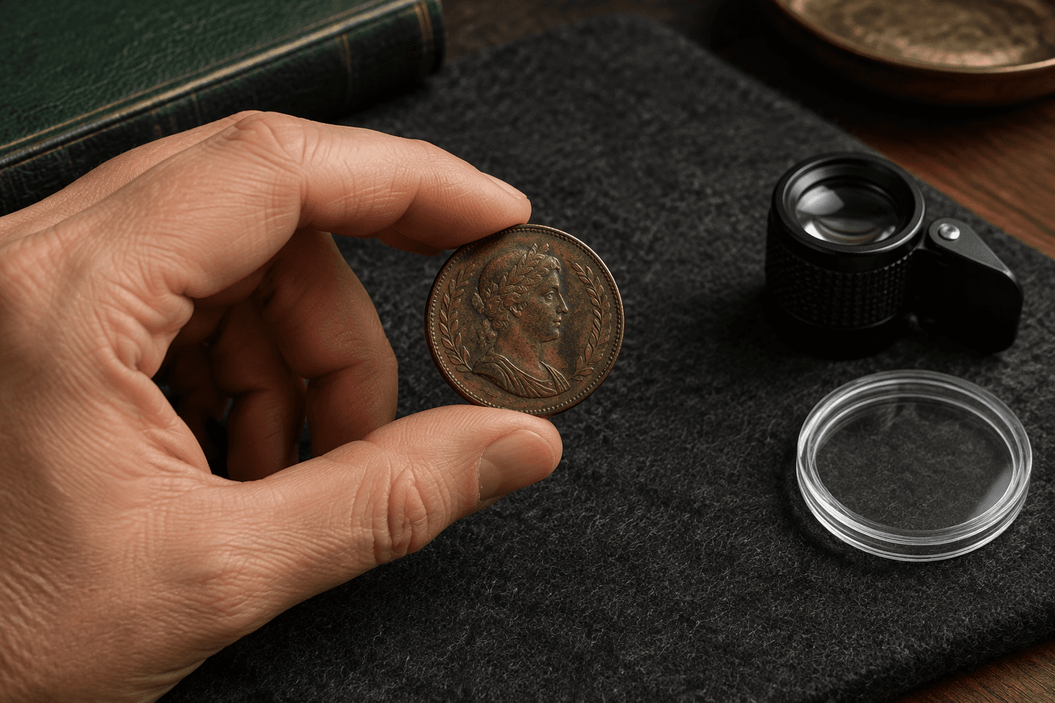 A collector examining a toned coin by its rim before deciding whether any treatment is appropriate.