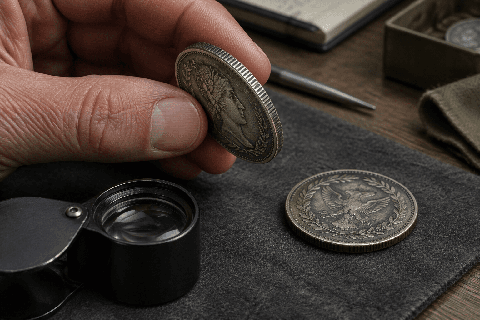 An unknown coin is examined under a loupe with its edge visible.