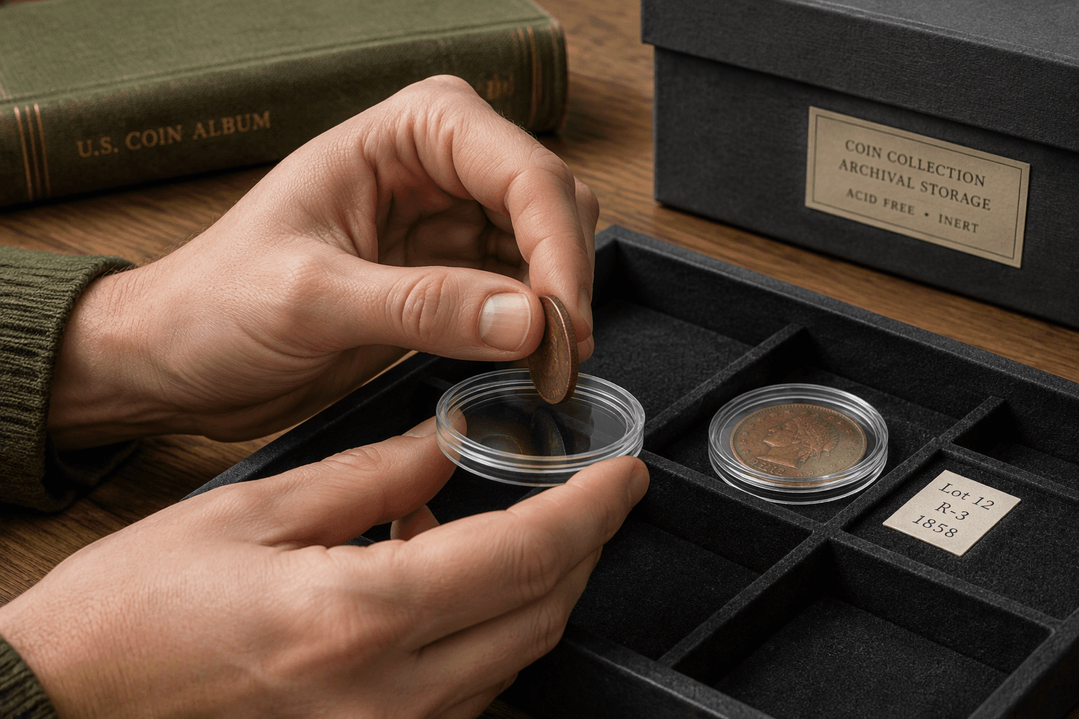 A coin is placed into an inert protective capsule beside organized storage trays.