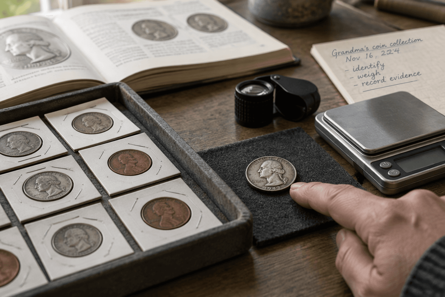 A small inherited coin group being compared with recorded observations and reference material.