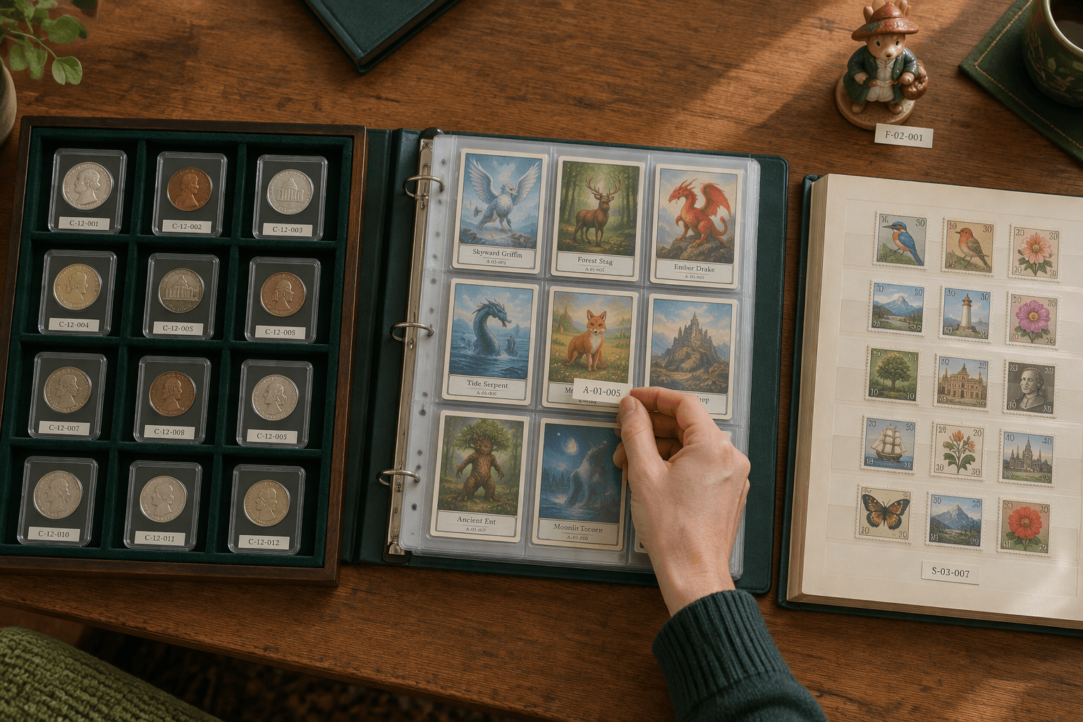 Coins, cards and stamps are sorted into distinct homes within one coherent collection.