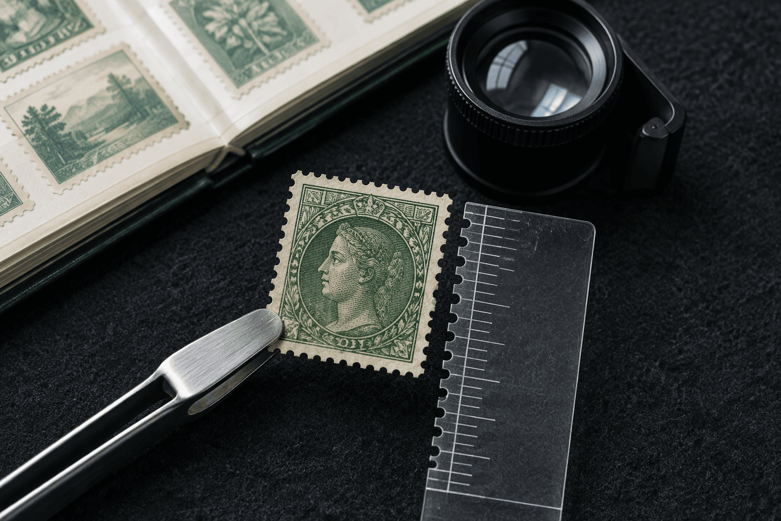 Stamp tongs and a perforation gauge help a collector examine an unknown stamp.