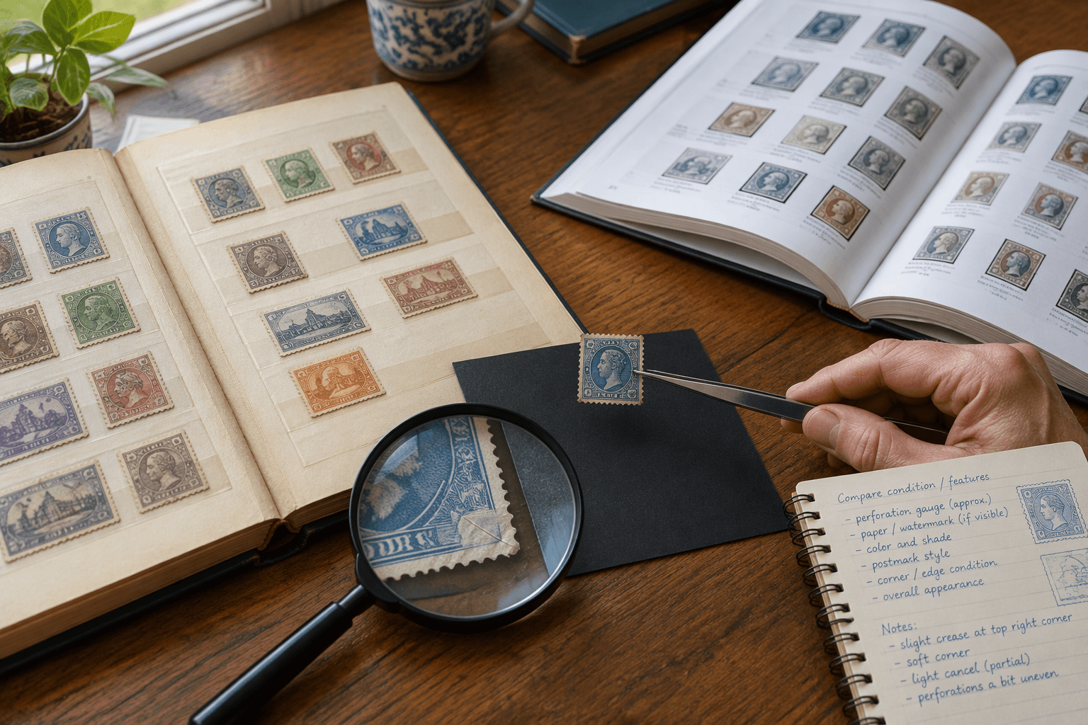A collector inspecting stamp condition beside an auction catalog and archival record.