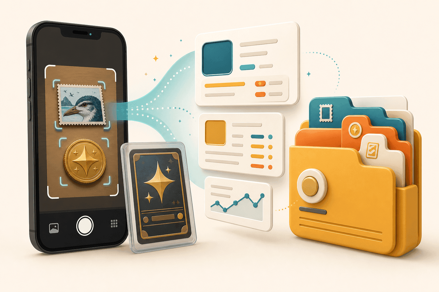 Phone scanning collectibles into report cards and an archive folder