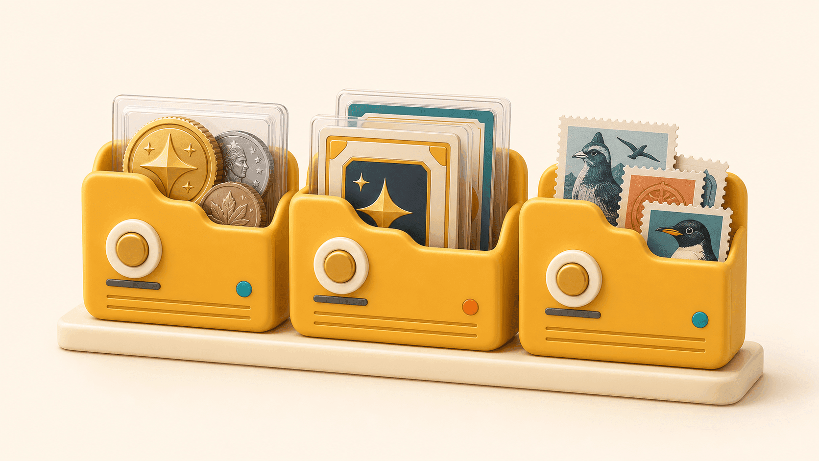 Three soft-3D archive bins holding graded coins, trading cards, and stamps on a cream shelf