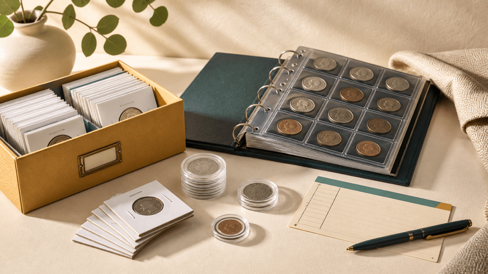 Organized coin collection storage with archival flips, capsules, an album, and a catalog card