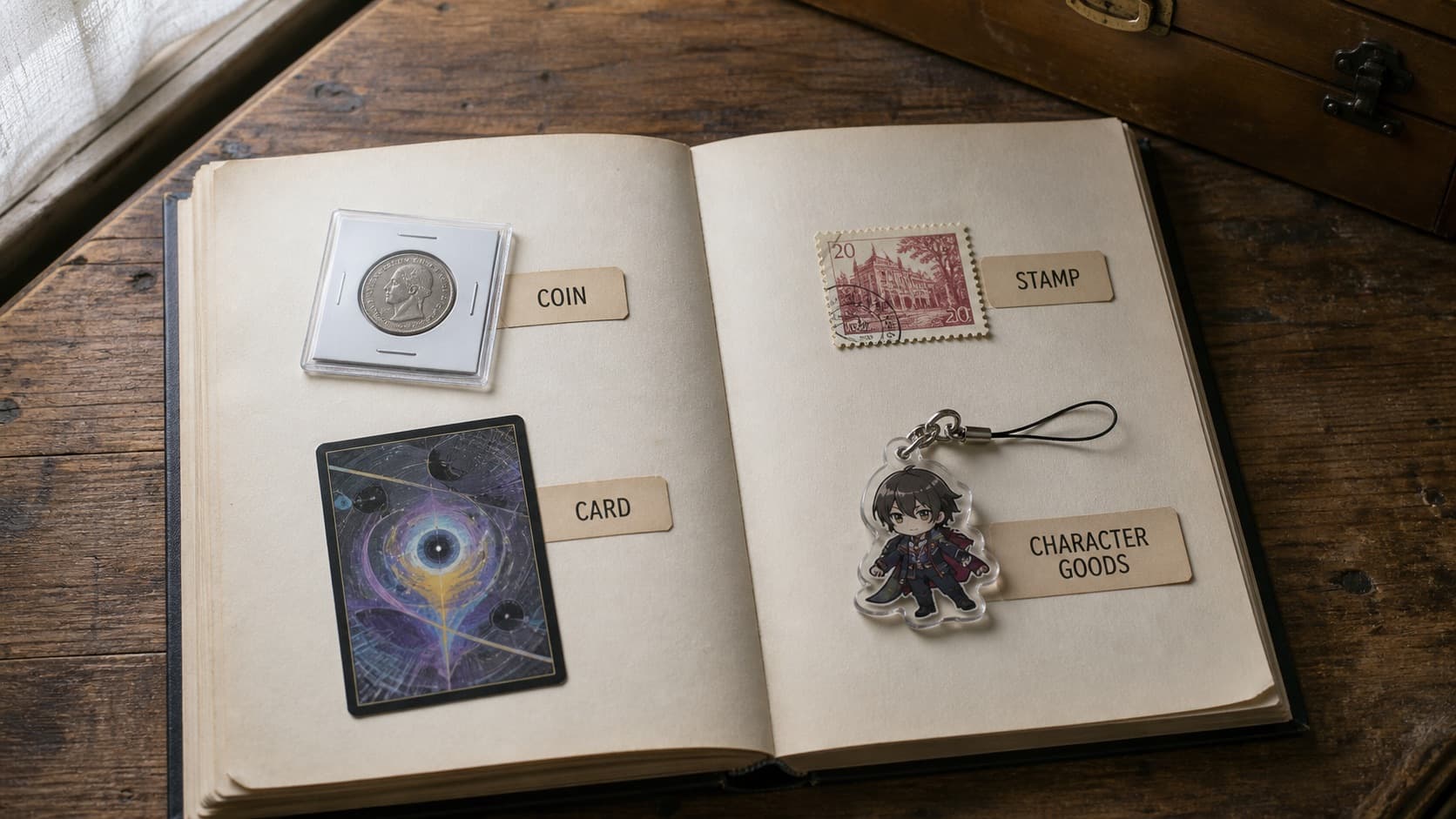 Mixed collection archive with a coin, trading card, stamp, and character collectible