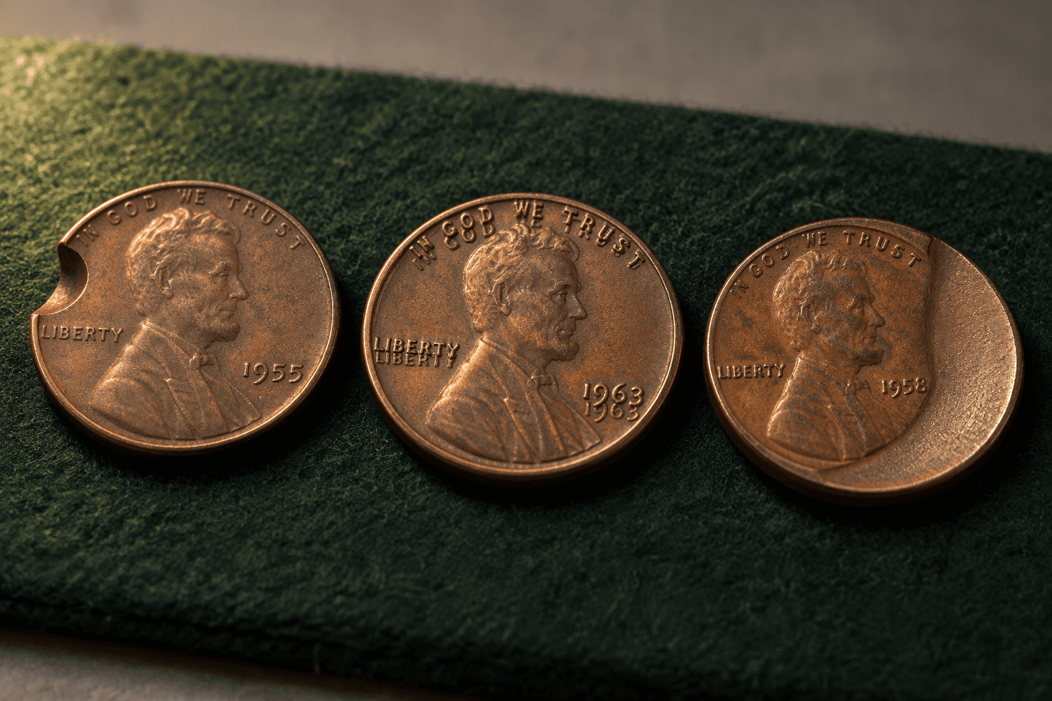 Three wheat cents on a green felt mat showing a clipped planchet, doubled lettering, and an off-center strike, representing the three mint error families