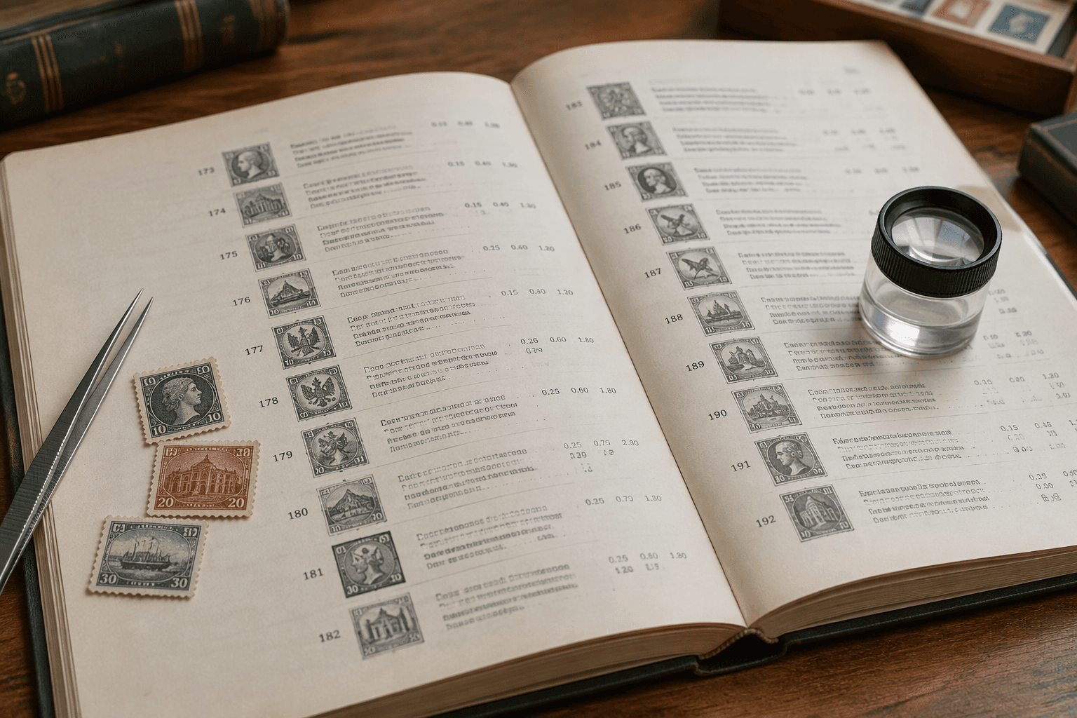 An open stamp catalog beside vintage stamps, tweezers, and a loupe on a wooden desk