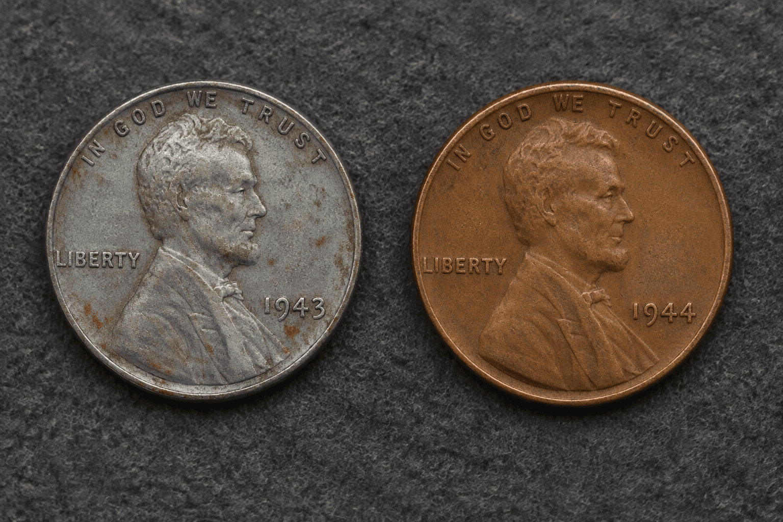 Side-by-side comparison of a silvery 1943 steel cent and a copper-colored 1944 cent on neutral felt