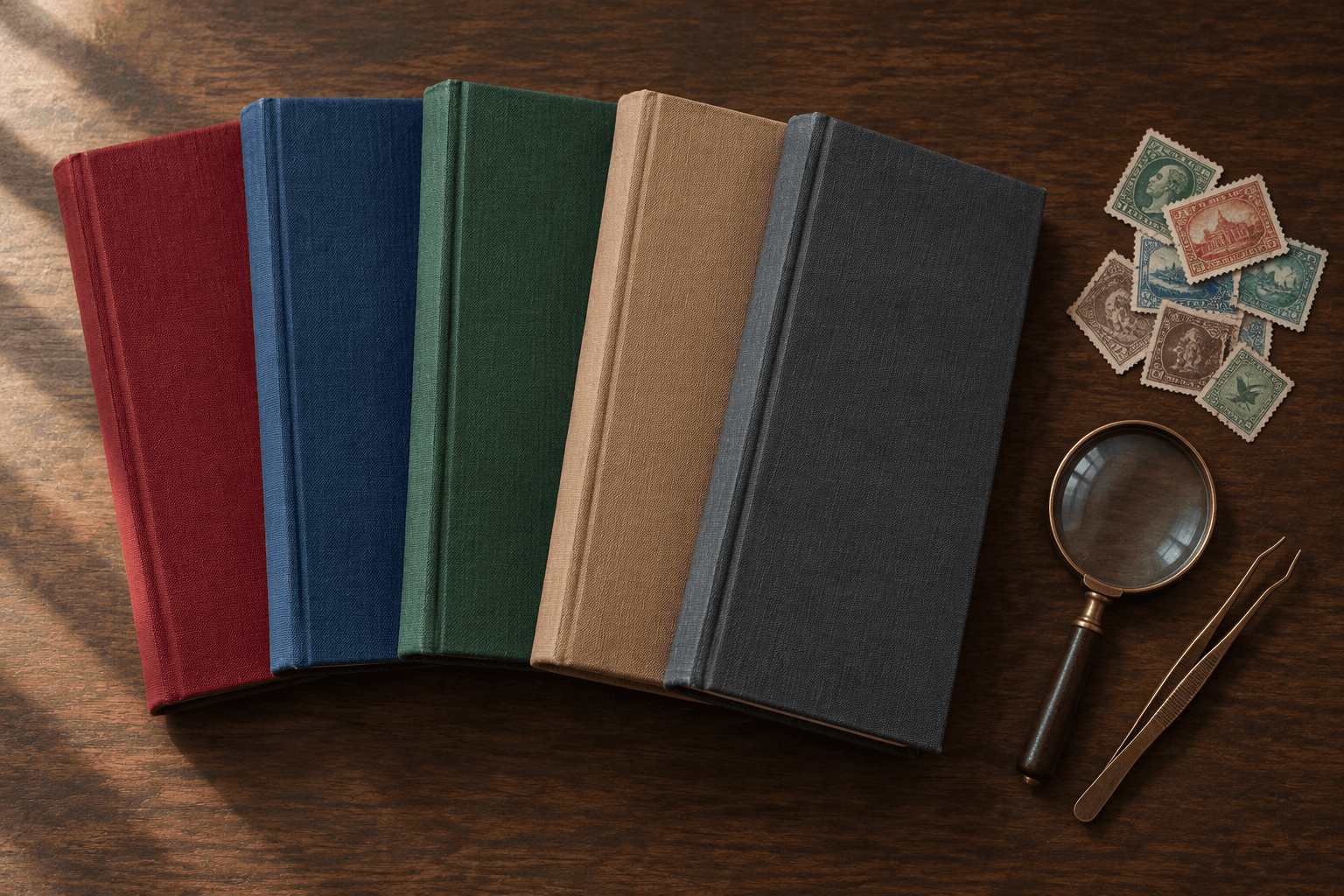 A flat lay of several unbranded stamp reference books beside stamps, tweezers, and a magnifier