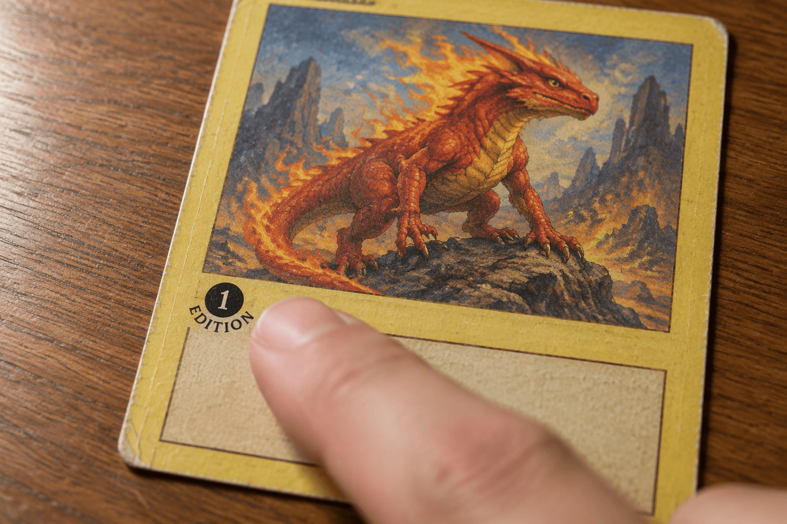 Close-up of a vintage yellow-border trading card on a wooden desk, with a fingertip pointing to the small black circular 1st Edition stamp printed below the left side of the artwork