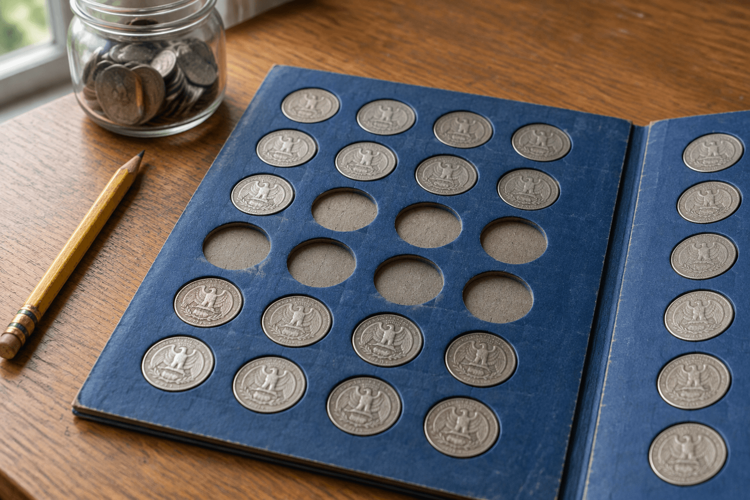 An open collector folder with some state quarter slots filled and others empty on a desk beside a pencil