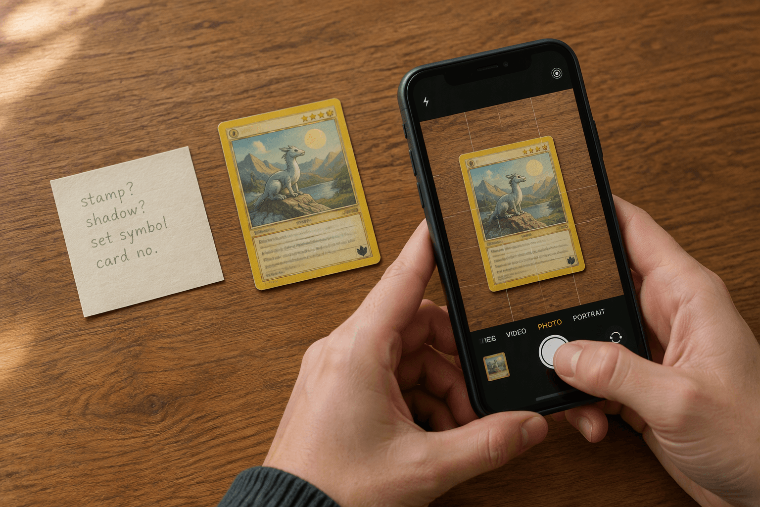 Overhead desk scene: a vintage trading card, a handwritten checklist note, and a smartphone photographing the card for the record