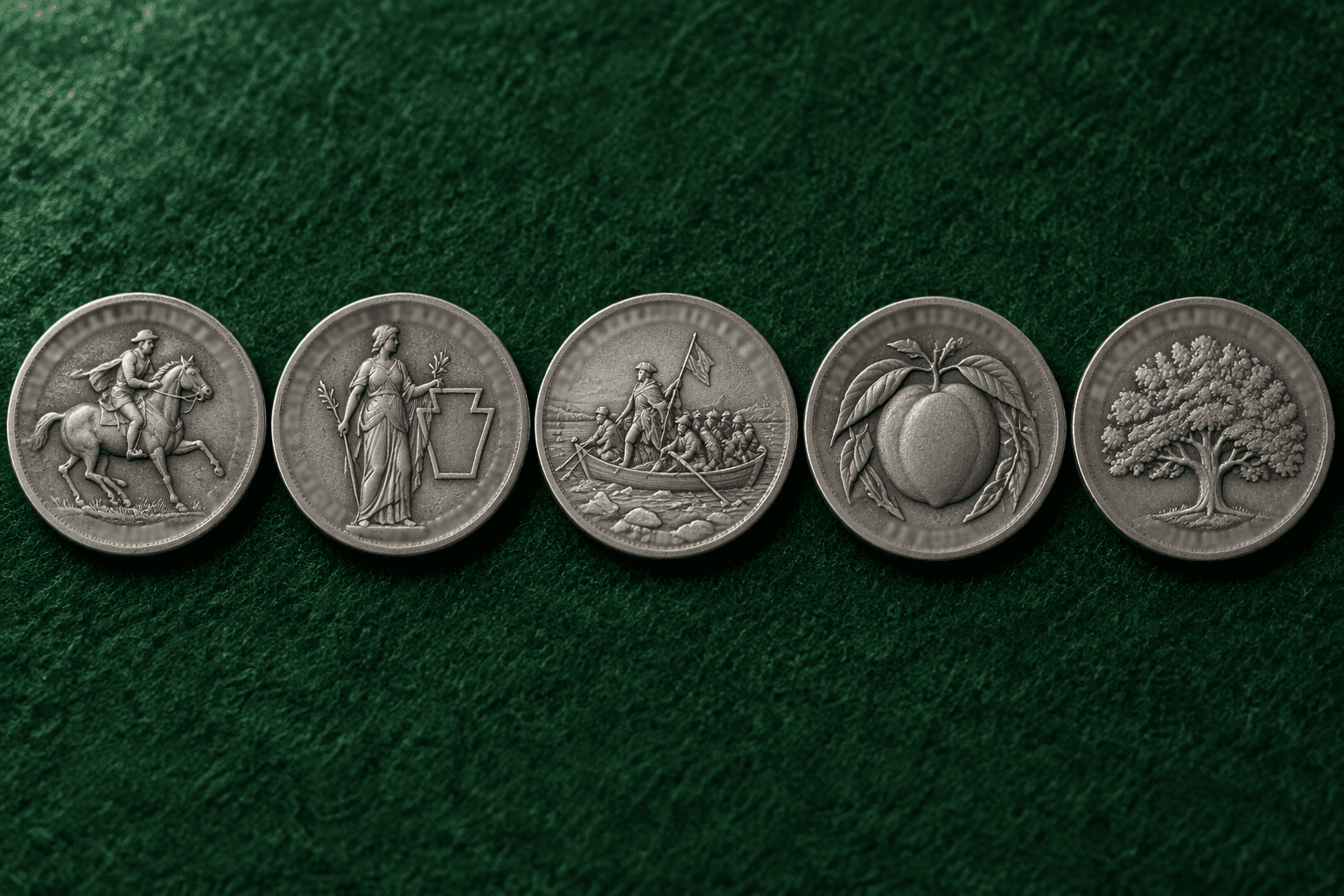 Five state quarter reverse designs in release order on a felt mat: horse and rider, standing statue, rowed winter crossing boat, peach, and oak tree