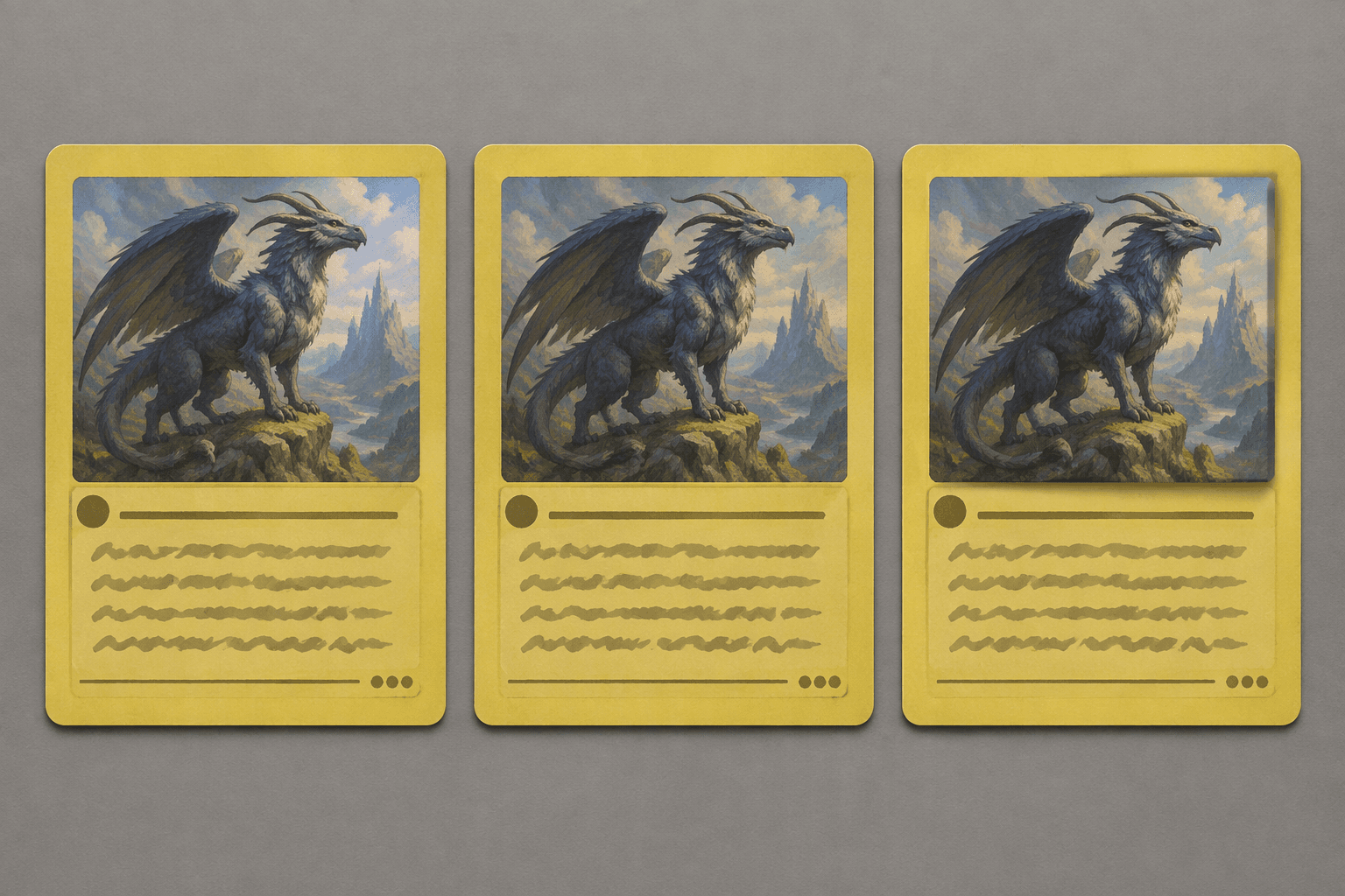Three vintage trading cards side by side: the left card's artwork window has no drop shadow, the middle card also has no shadow, and the right card shows a gray drop shadow behind its artwork frame