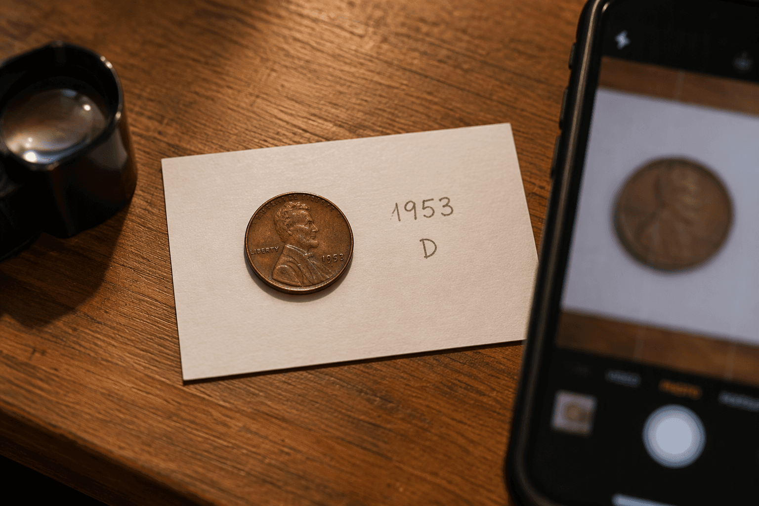 Desk scene of a phone photographing a wheat penny next to a handwritten note card recording the year and mint mark