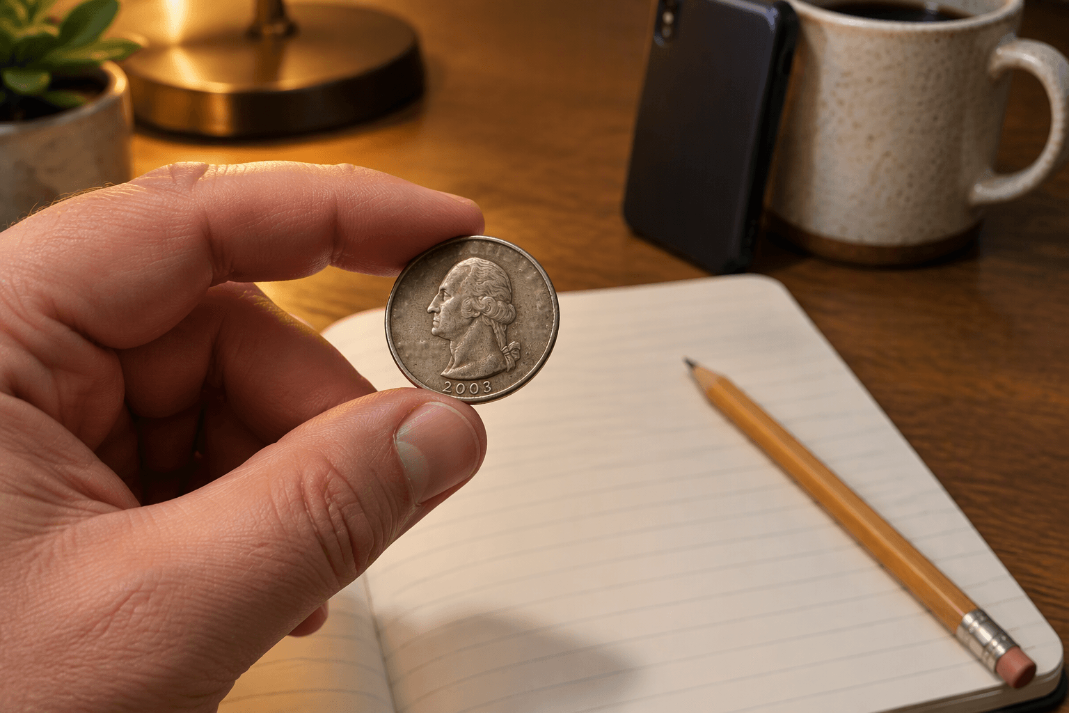 A hand holding a state quarter over an open notebook and pencil, ready to record the find