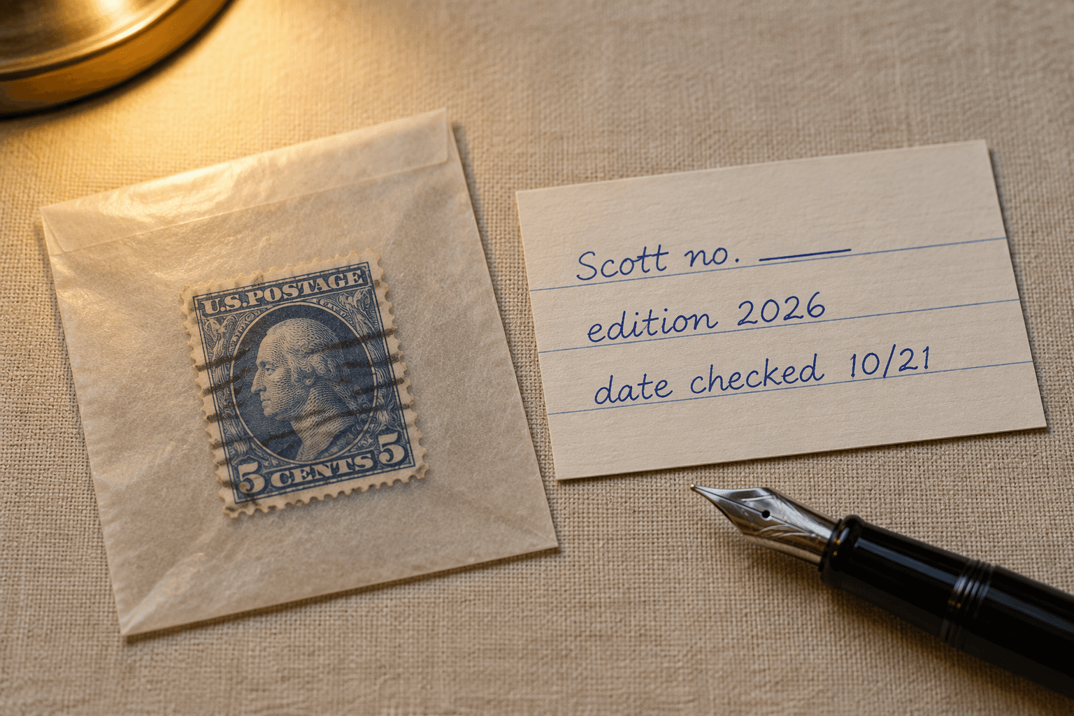 A stamp in a glassine envelope beside an index card with legible fields for catalog number, edition, and date checked
