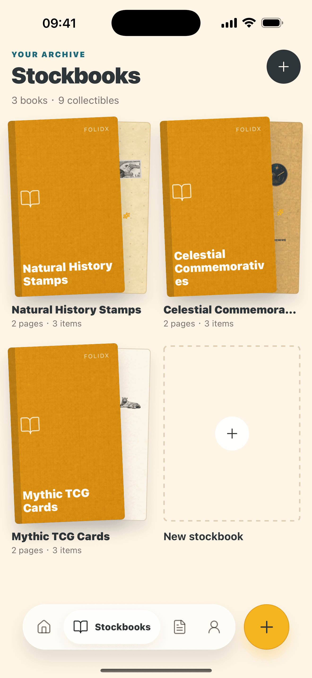 Folidx app screen showing three archive books with page and item counts